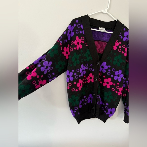 VTG SRL Michel Tex Hippie Boho Cardigan Floral Groovy Multi Color Black Size M L - Picture 3 of 7